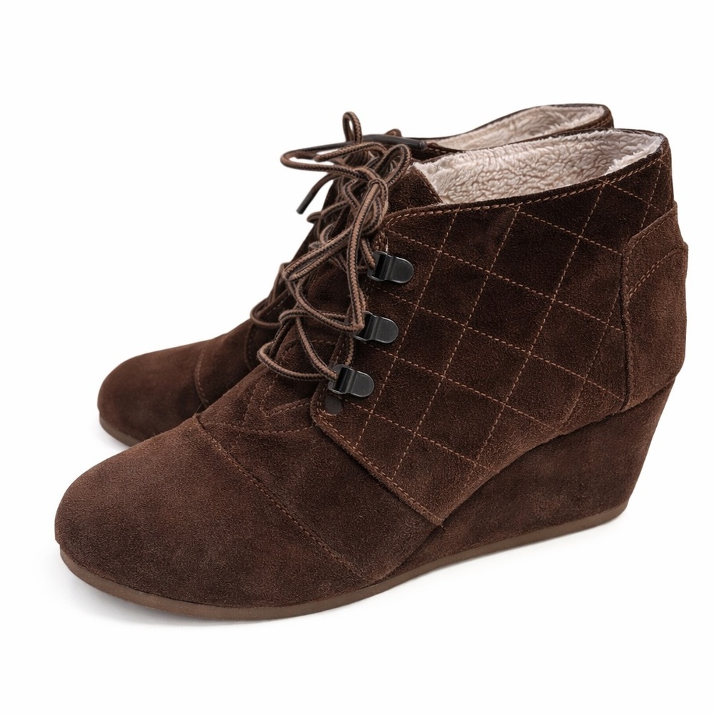 TOMS Chocolate Brown Suede Desert Wedge Shearling Booties